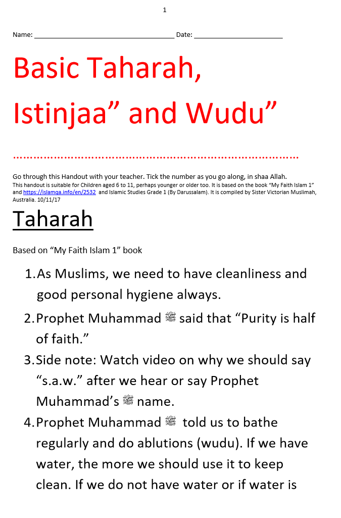 Basic Taharah Istinja And Wudu Handout Islamic